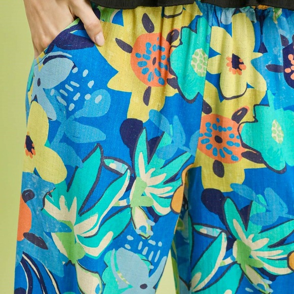 👀 ♥️ Umgee Floral Print Boho Wide Leg Linen Blend Pants - Cerulean - Picture 5 of 8